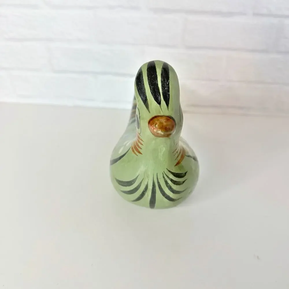 Vintage Tonala Bird Figurine Mexican Folk Art Pottery Green Floral
